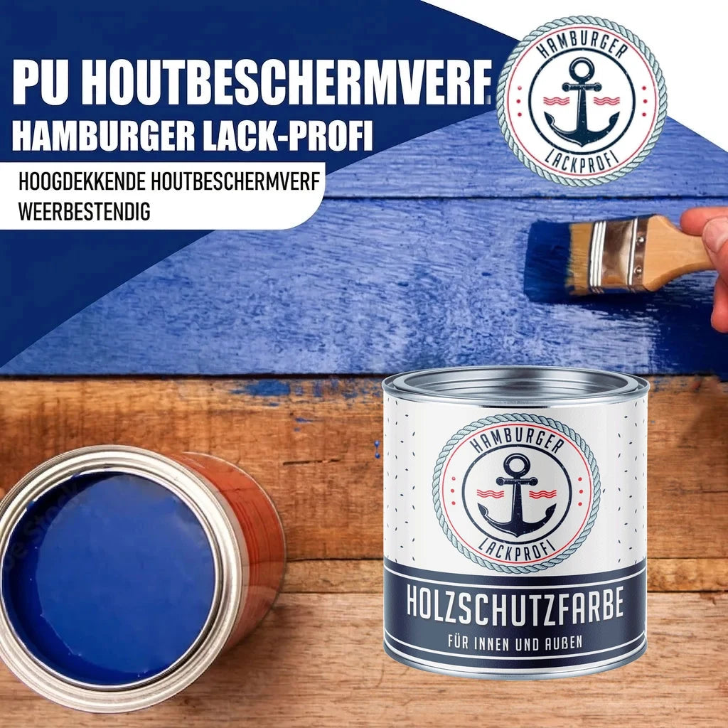 Hamburger Lack-Profi PU houtbeschermverf in blauw. Blik met "HOLZSCHUTZFARBE FÜR INNEN UND AUSSEN".