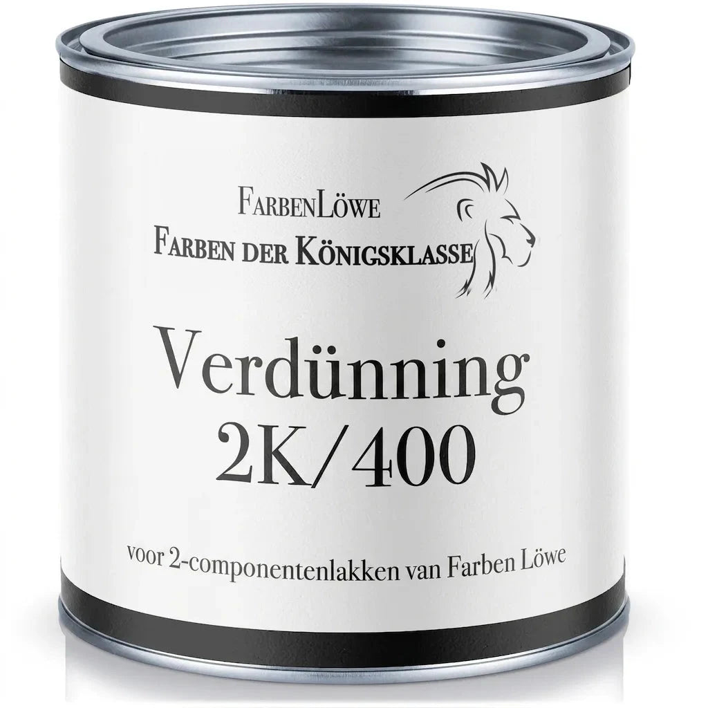 FarbenLöwe verdunning 2K/400 voor 2-componentenlakken, witte bus met zwarte en zilveren details.