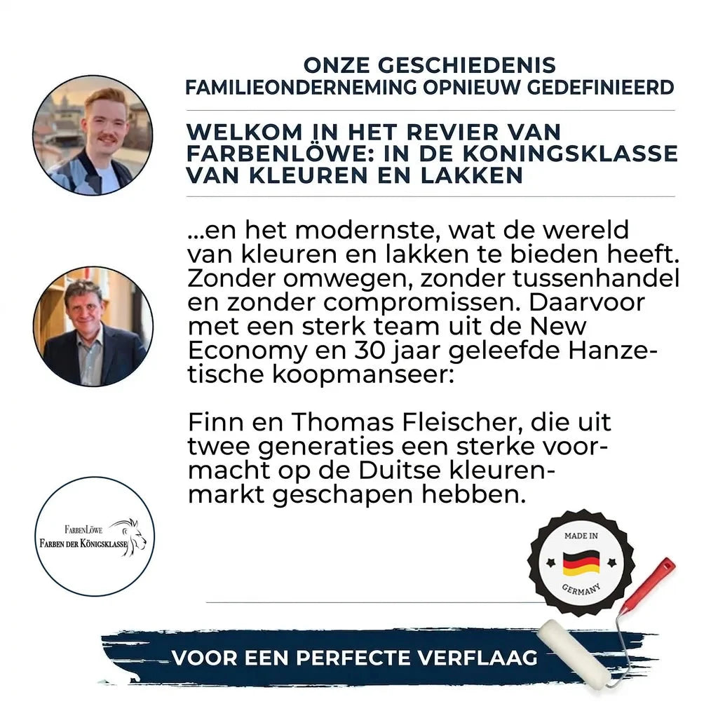 Twee mannen met tekst over familiebedrijf Farbenlöwe, gespecialiseerd in hoogwaardige Duitse verf.