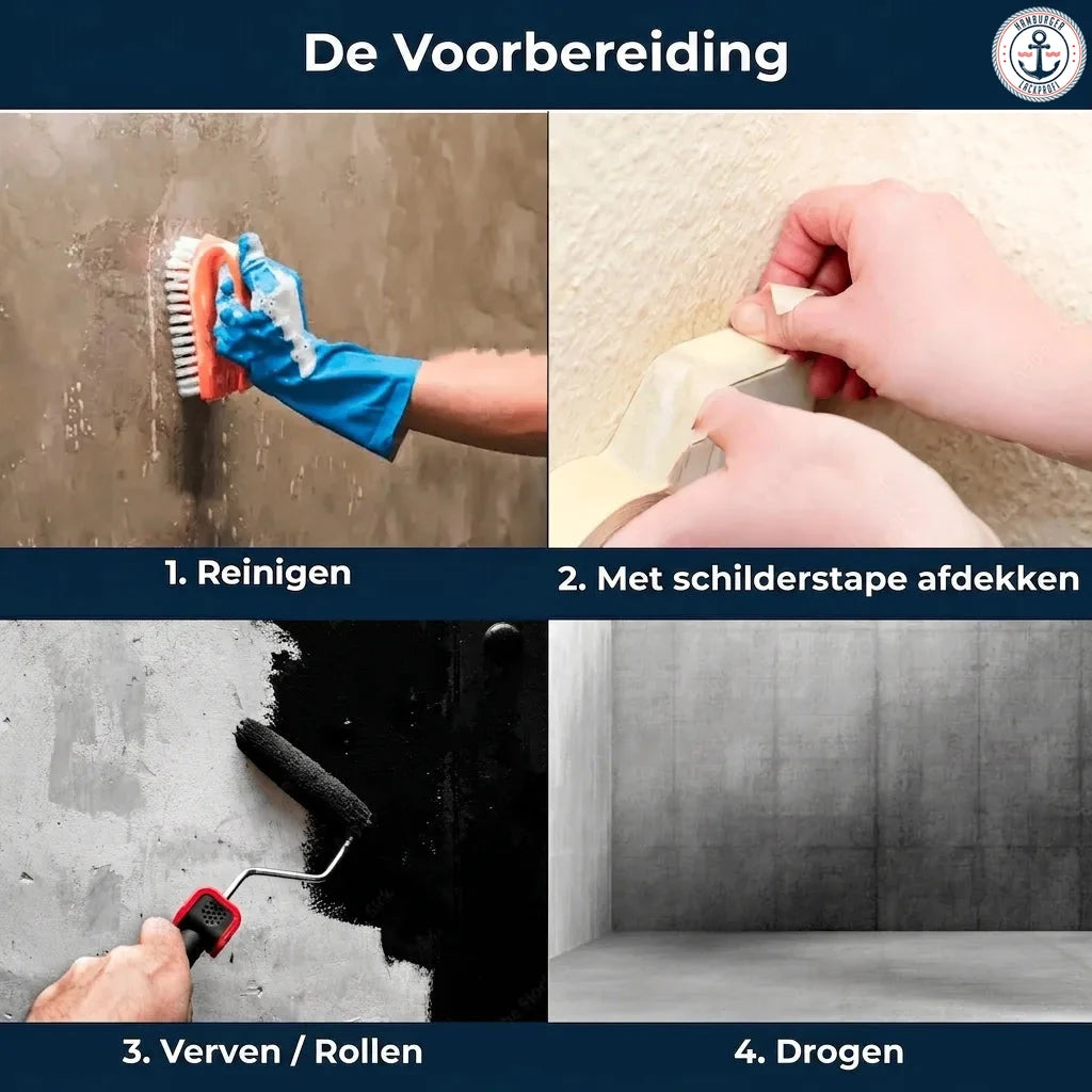 Stapsgewijze instructies voor wandvoorbereiding: reinigen, afplakken, schilderen/rollen en drogen.