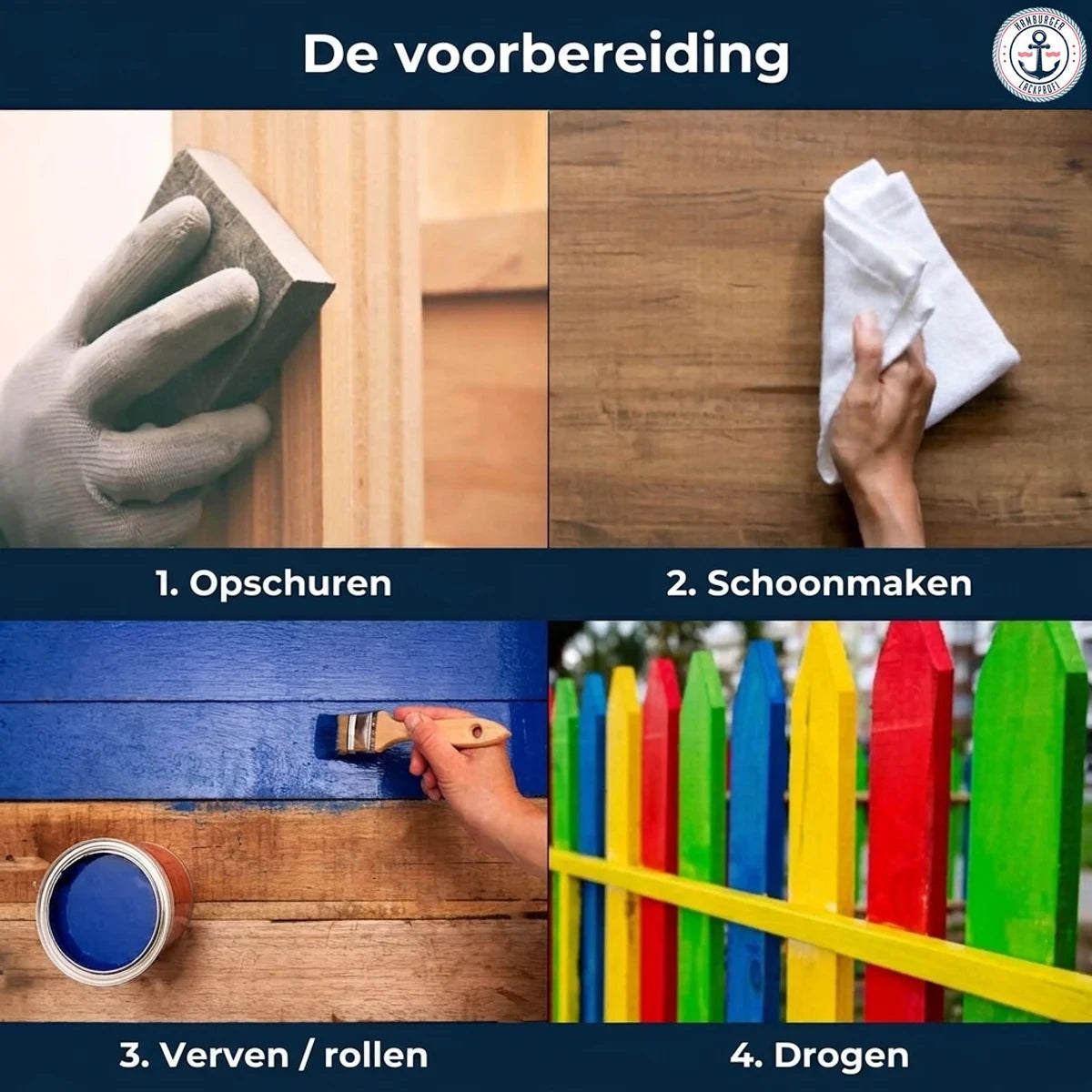 Stappenplan: oppervlak opschuren, schoonmaken, verf aanbrengen met kwast/roller, en laten drogen.