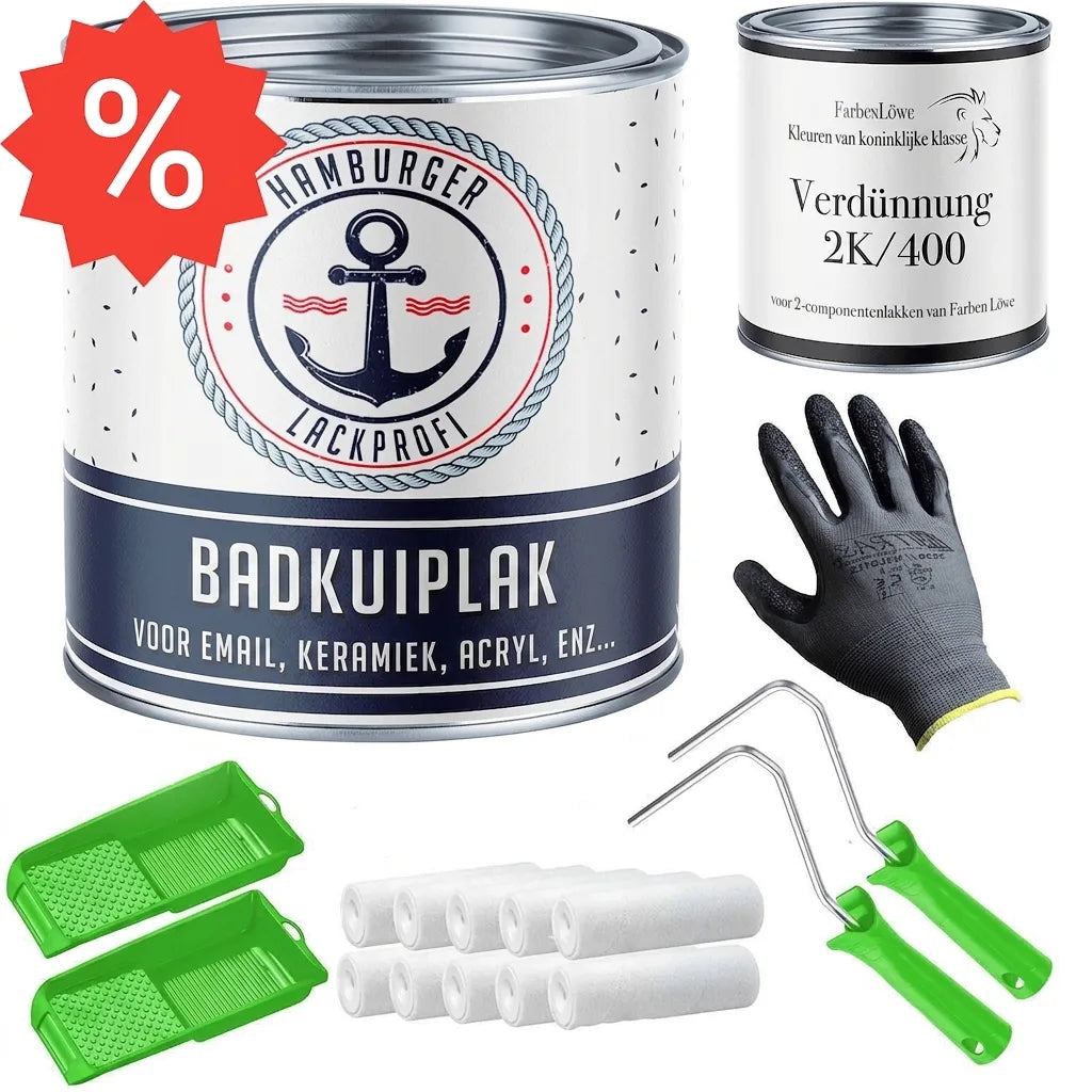Badkuip verfset met Hamburger Lackprofi badkuiplak, verdunner, handschoenen, verfrollers en verfbakjes.