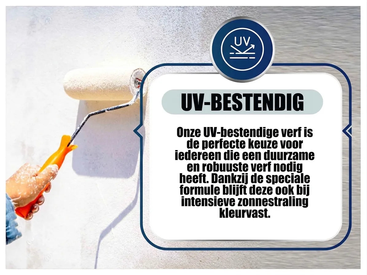 Hand verft witte muur met roller; UV-bestendige verf voor duurzaam kleurbehoud buitenshuis.