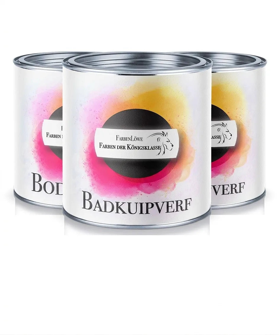 Drie witte verfblikken voor badkuipen met kleurrijke spatten en het FarbenLöwe logo.