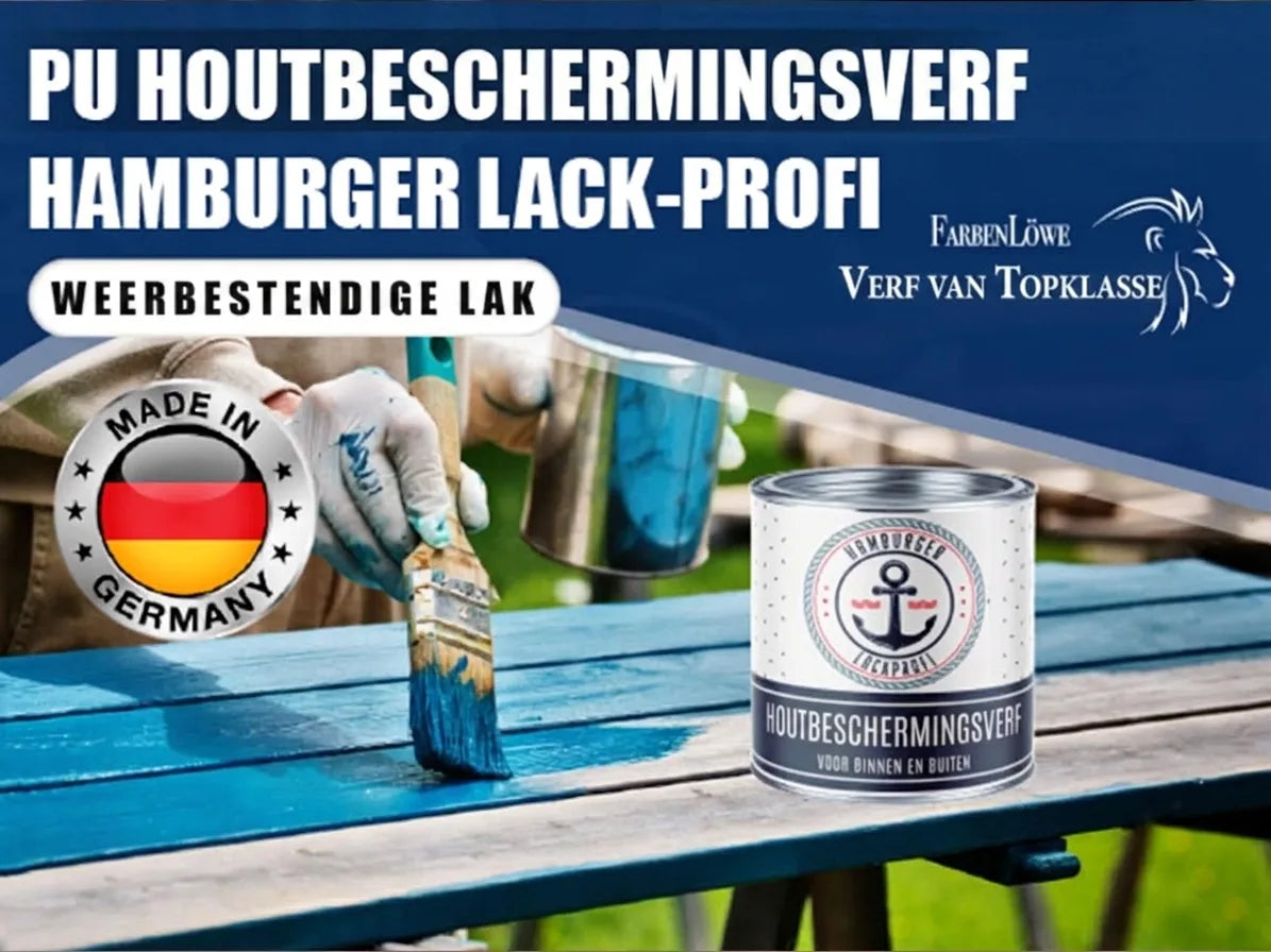 Hamburger Lack-Profi PU houtverf, weerbestendig. Iemand schildert een houten tafel blauw. Made in Germany.