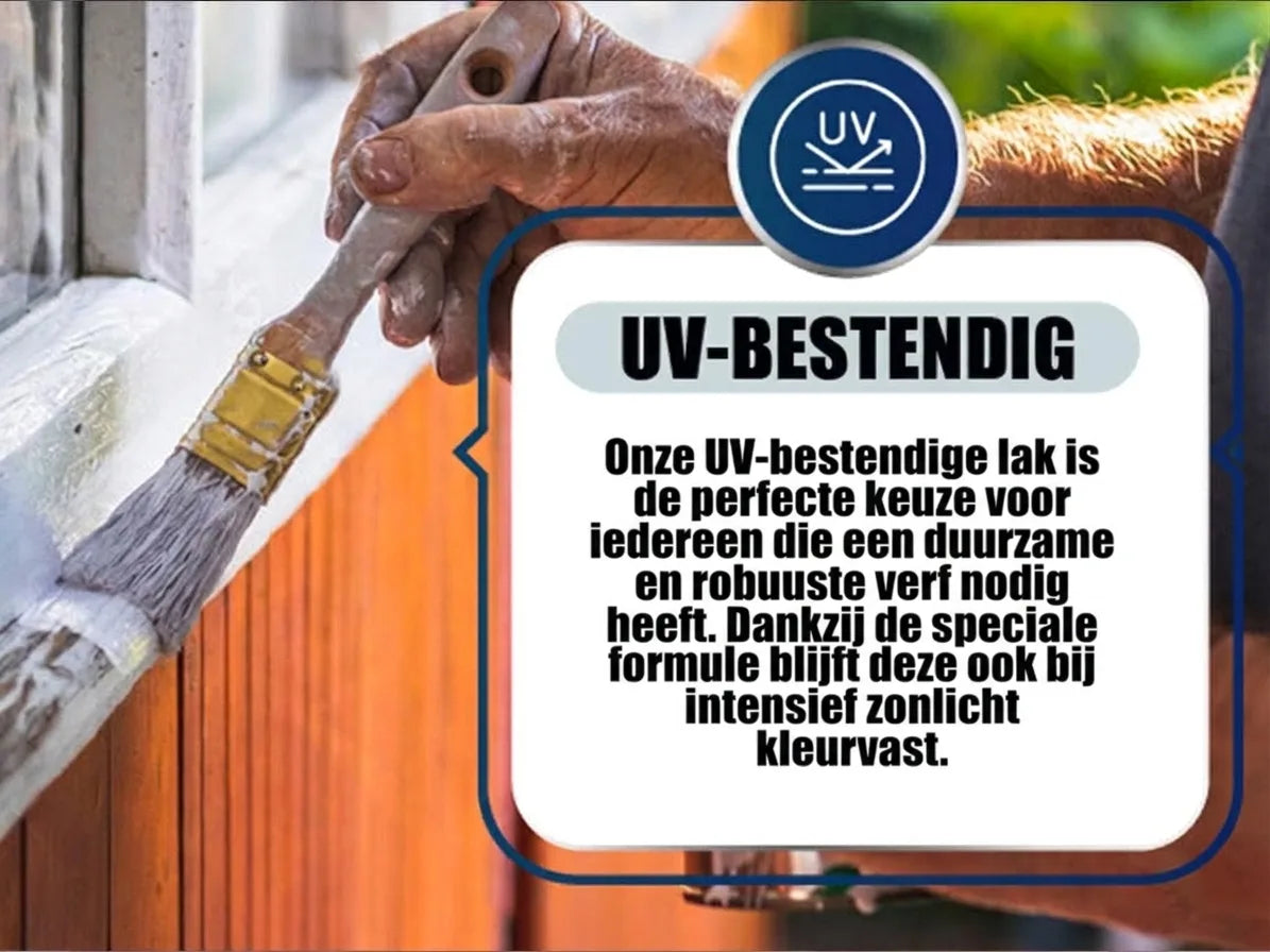 Man schildert wit kozijn met kwast; UV-bestendige lak, kleurvast bij intensieve zoninstraling.