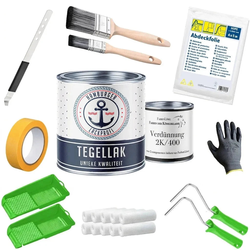 Set voor tegellak: verf, verdunner, kwasten, rollers, afdekfolie, afplakband, schraper en handschoenen.