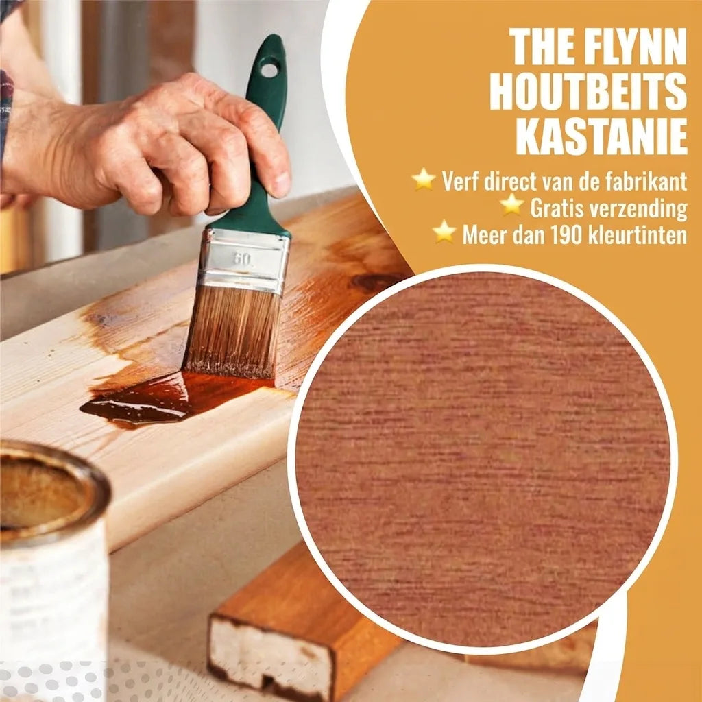 Hand brengt Flynn Kastanje houtlasuur aan met kwast op hout. Toont houtnerf en voordelen: direct van fabrikant.