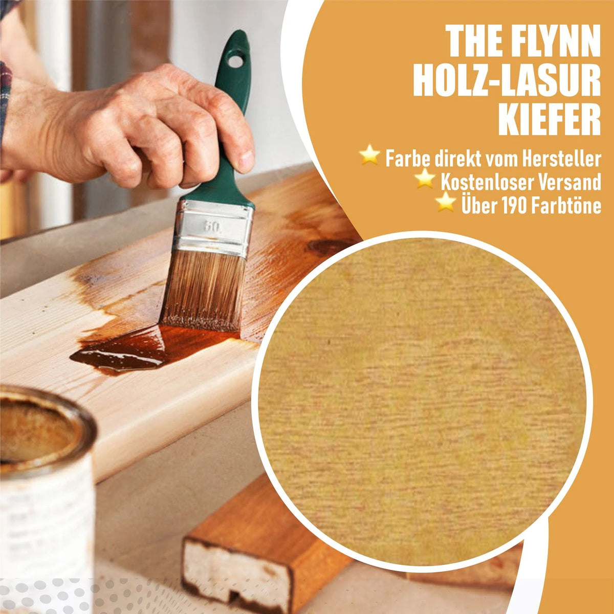 Hand beitsen houten plank met kwast, toont Flynn houtbeits grenen. Met close-up grenenhouttextuur. Direct van fabrikant, gratis verzending,