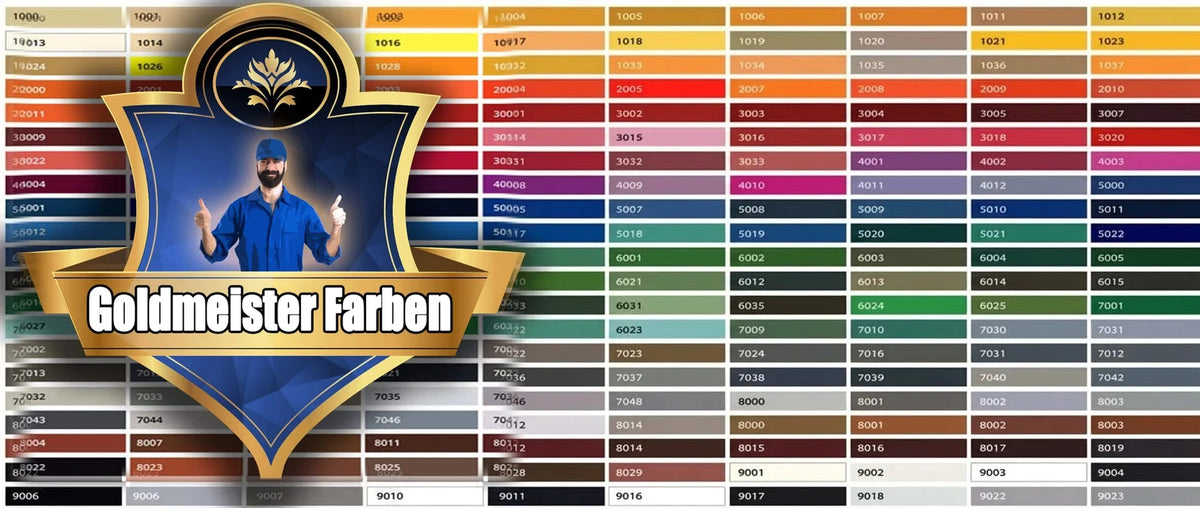 Goldmeister Farben kleurenpalet met een schilder die duimen omhoog steekt.