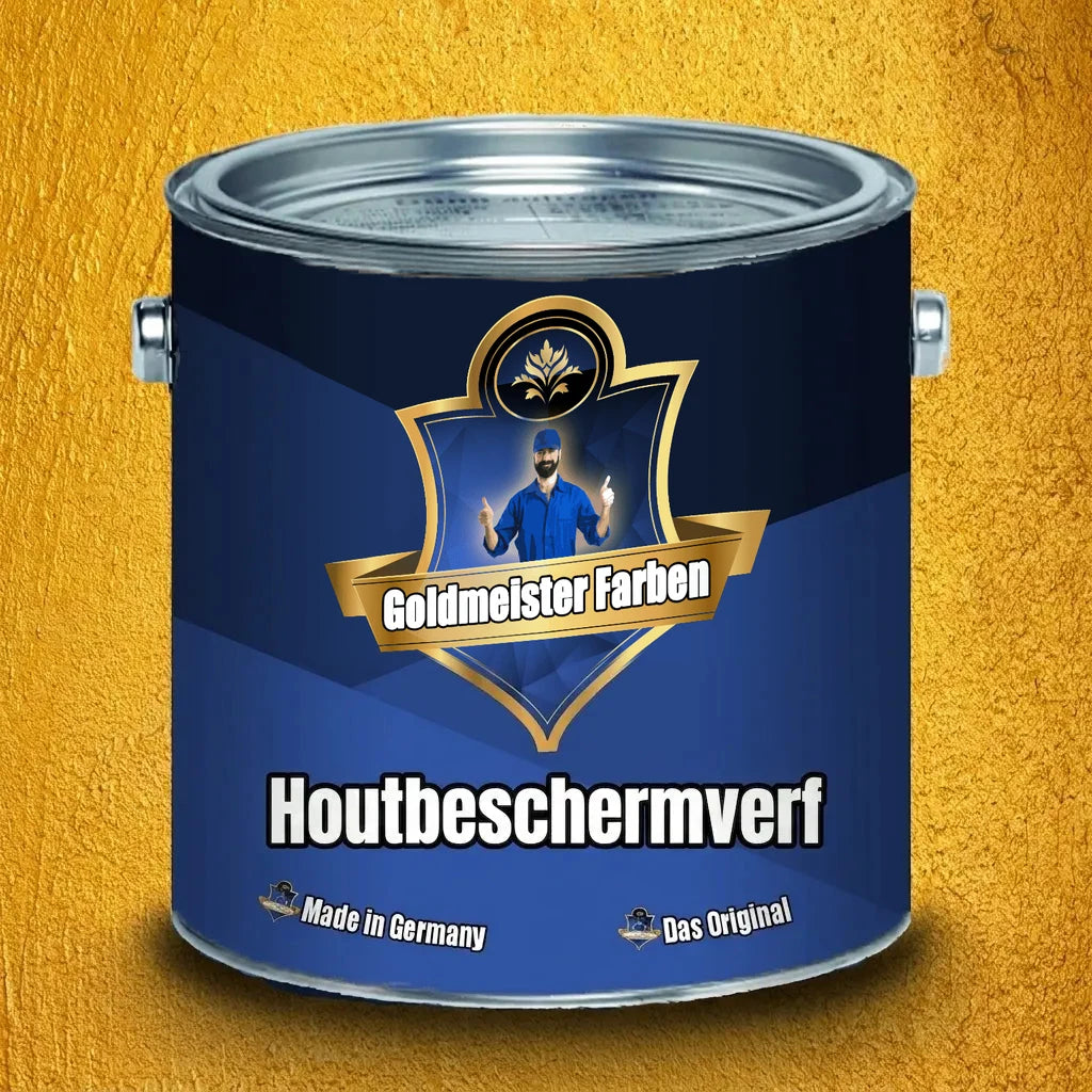 Blauw Goldmeister Farben verfblik met gouden etiket en man met duimen omhoog, houtbeschermingsverf uit Duitsland.
