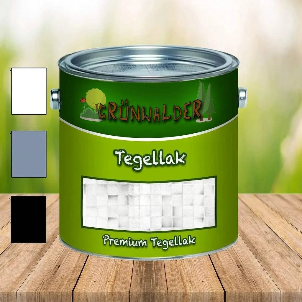 Grünwalder Premium Tegellak blik met witte, grijze en zwarte kleurstalen op een houten tafel.