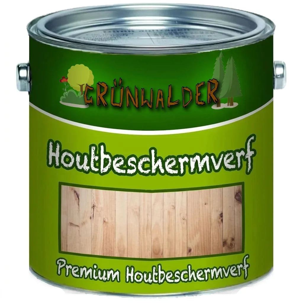 Groen verfblik Grünwalder Premium houtbeschermingsverf. Etiket toont lichte houtkleur op planken.