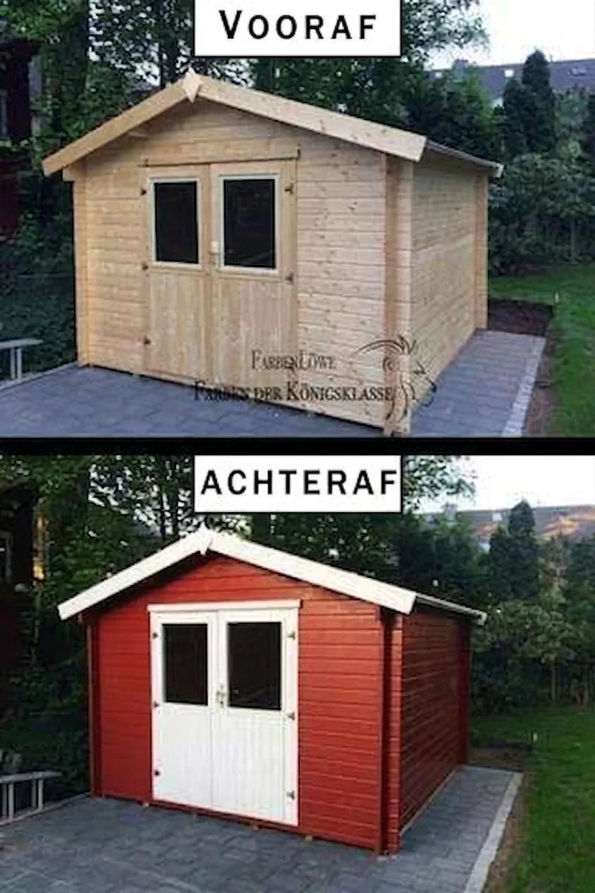 Houten tuinhuis voor en na schilderen: eerst naturel hout, daarna rood met witte deuren.