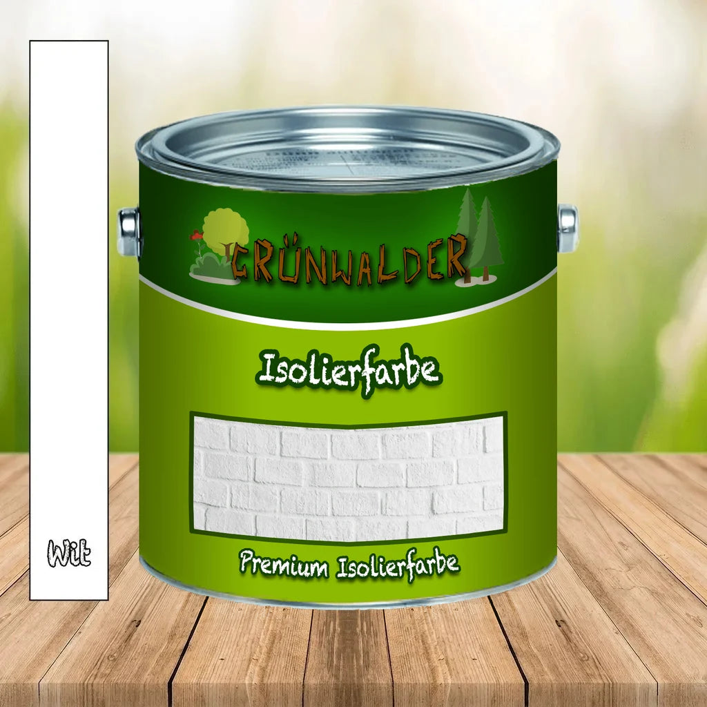 Groene verfblik van "GRÜNWALDER" "Isolierfarbe" op houten tafel. Toont "Wit" en baksteenpatroon.