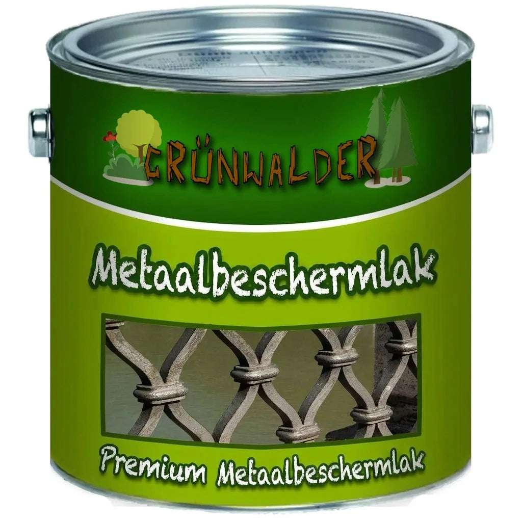 Blik Grünwalder premium metaalbeschermingslak voor het beschermen van metalen zoals een sierhek.