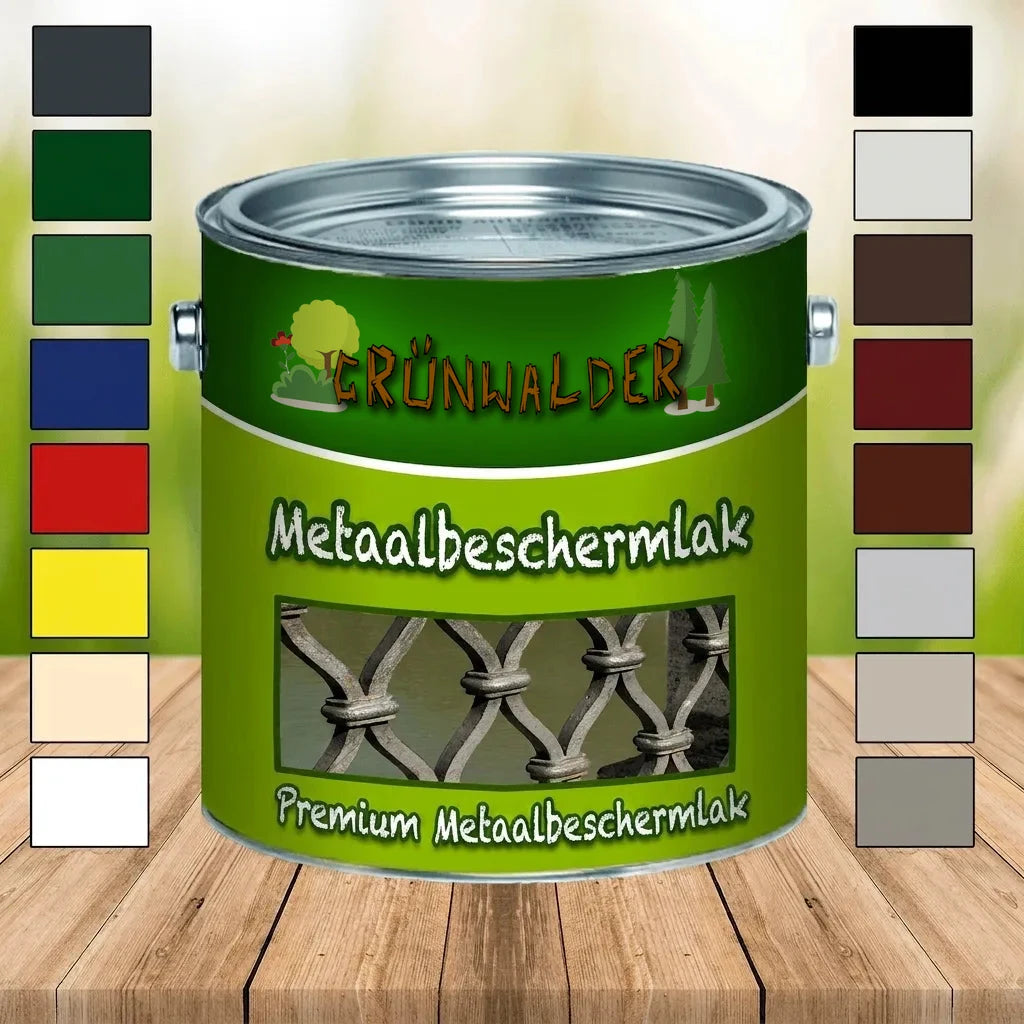 Groen verfblik Grünwalder Metaalbeschermingslak met diverse kleurstalen op houten tafel.