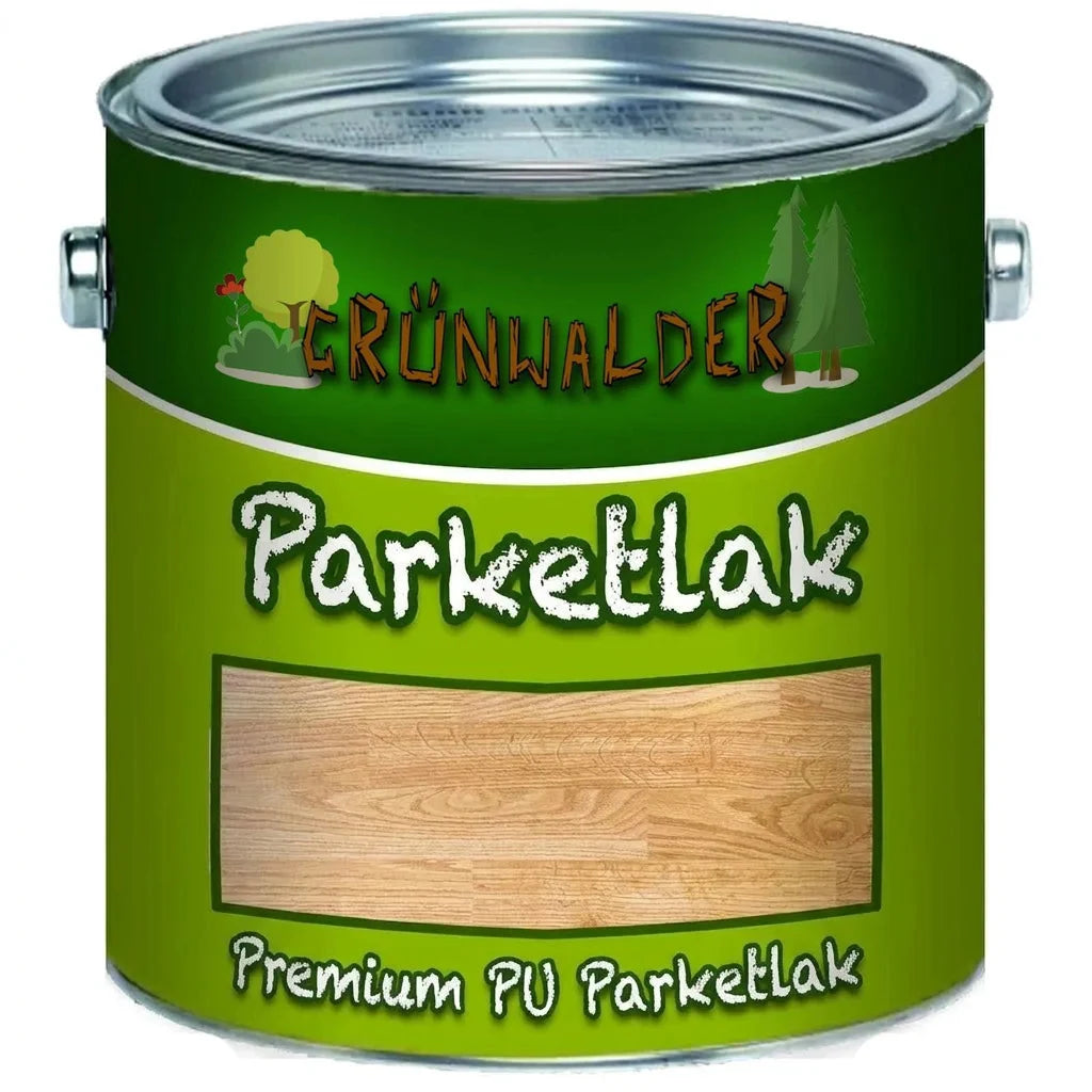 Groen blik Grünwalder Premium PU Parketlak met afbeelding van een houten vloer op het etiket.