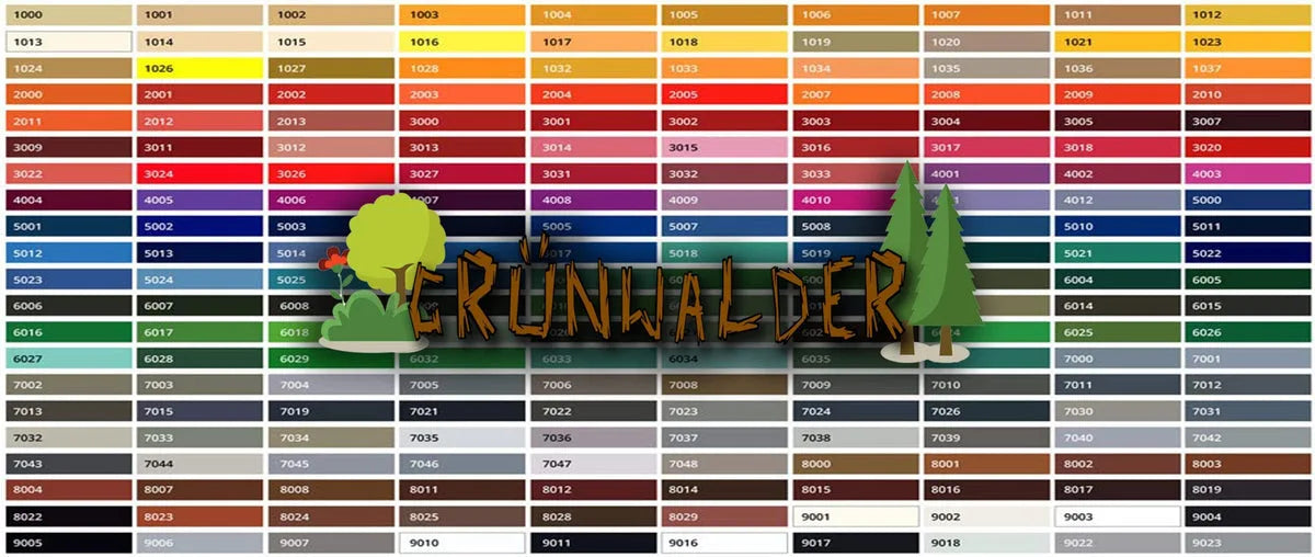 Kleurenkaart met RAL-codes, variërend van geel tot blauw, groen, grijs en bruin, met illustraties van bomen.