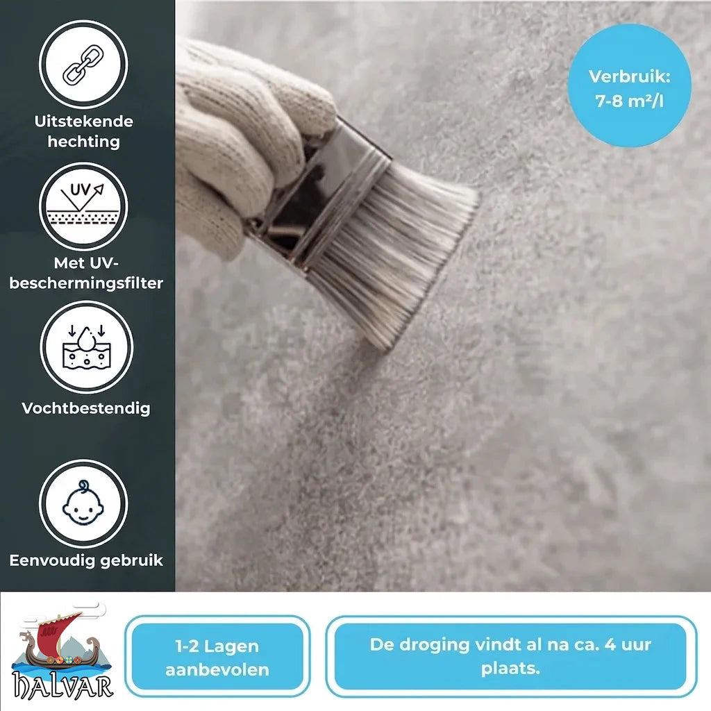 Hand brengt grijze coating aan. Kenmerken: uitstekende hechting, UV-filter, vochtbestendig, eenvoudig. Verbruik: 7-8 m²/l. 1-2 lagen, droog