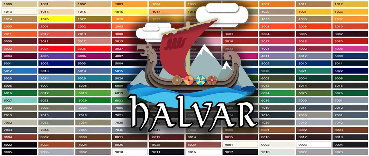 RAL kleurenkaart met diverse kleurstalen en nummers, overlay van een Viking schip en de tekst HALVAR.