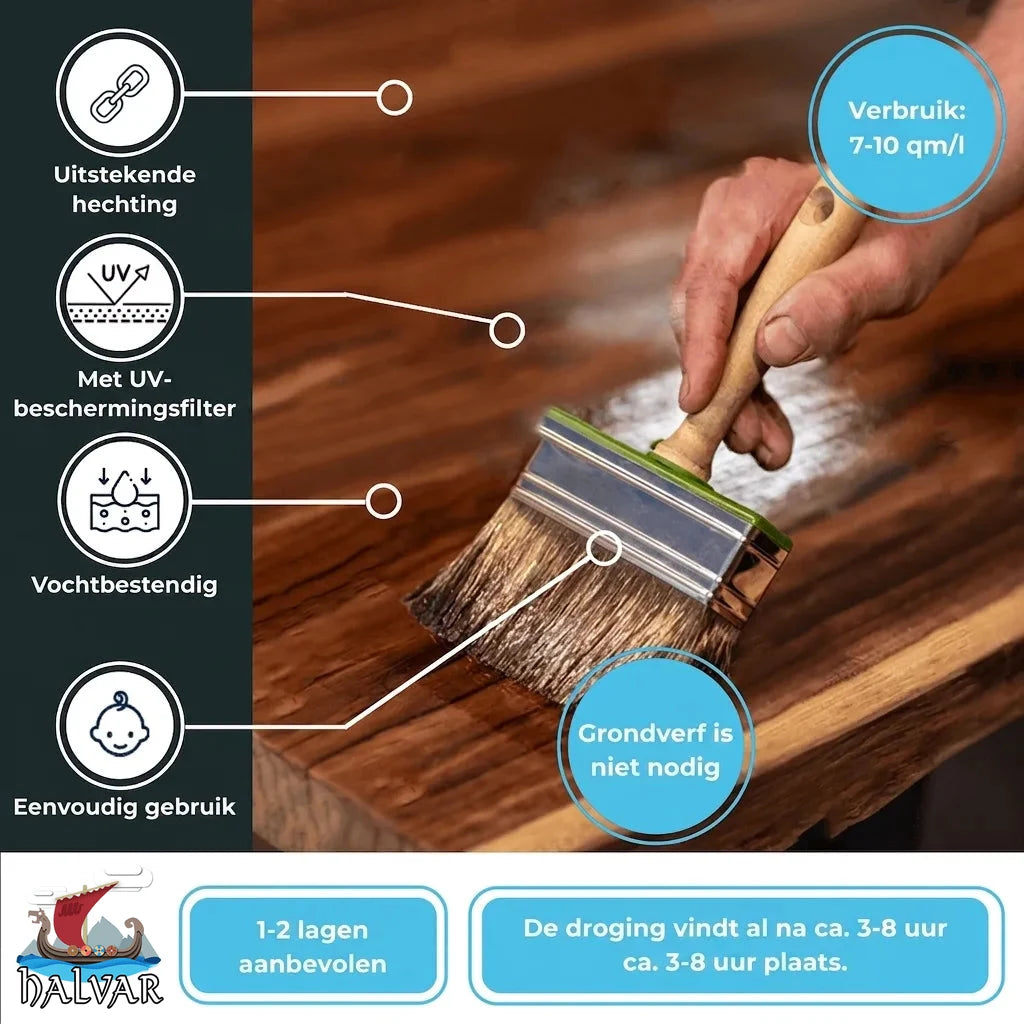 Hand brengt Halvar houtafwerking aan met kwast op hout. Productkenmerken: hechting, UV-bescherming, vochtbestendig, snelle droging.