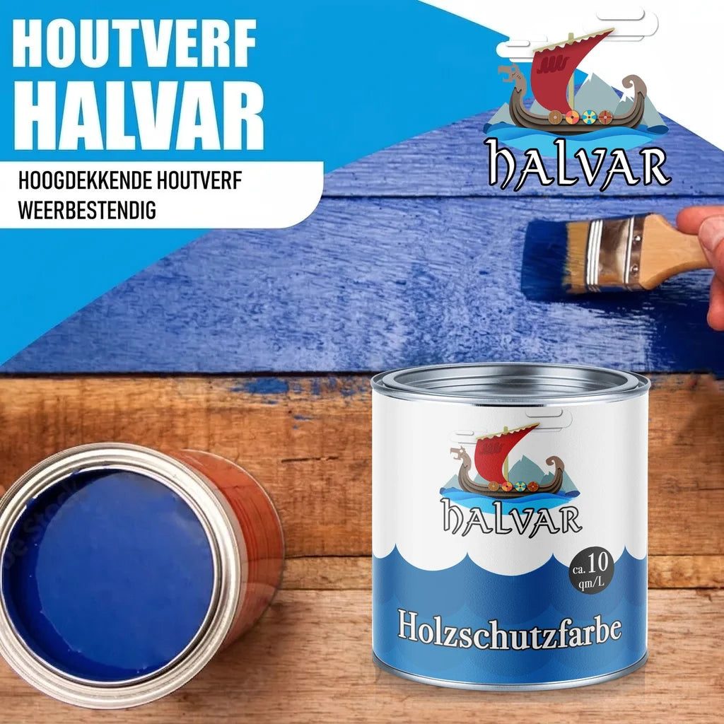 Houtverf Halvar: blauwe "Holzschutzfarbe" in blik, wordt aangebracht op hout.