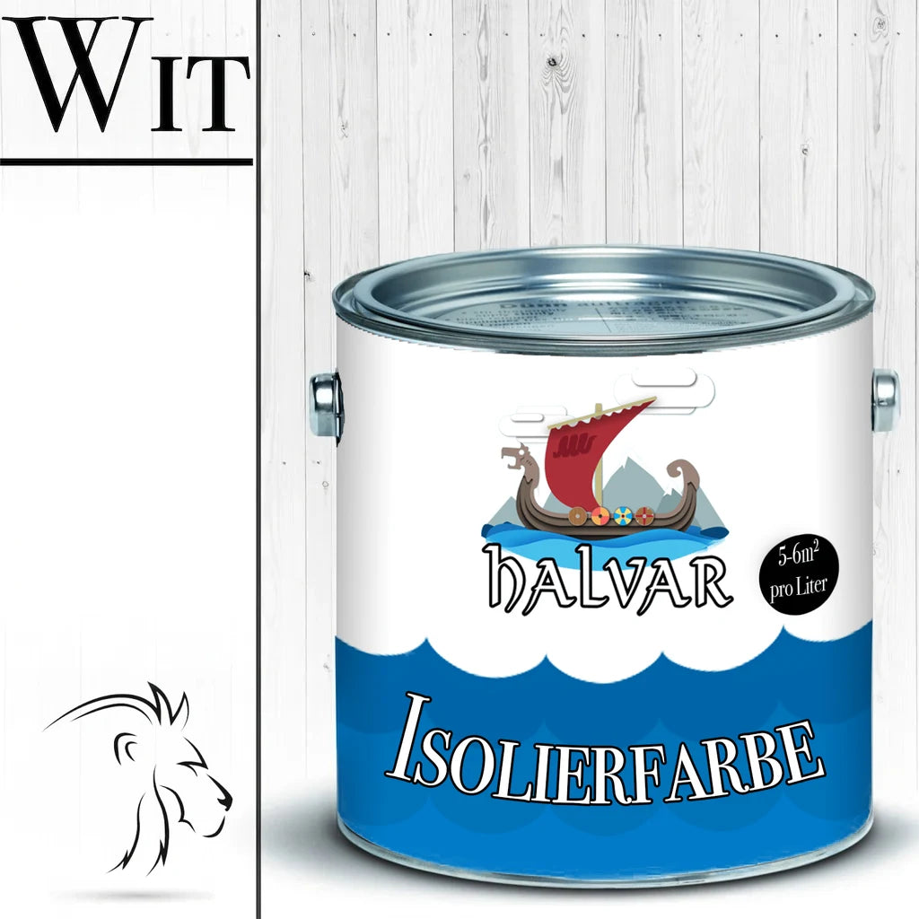 Witte verfblik van Halvar met een Vikingschip, tekst "Isolierfarbe" en "5-6m² pro Liter".