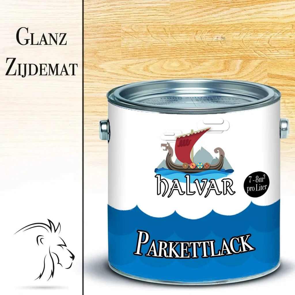 Halvar Parkettlack blik op houten vloer. "Glanz Zijdemat" afwerking. "7-8m² pro Liter".