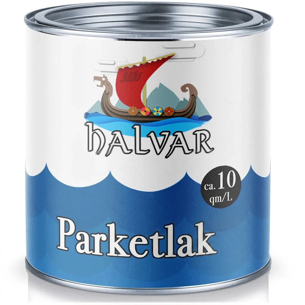 HALVAR parketlak (vloerlak) verfblik met vikingschip logo. Blauwe golven, ca. 10 m²/L dekking.