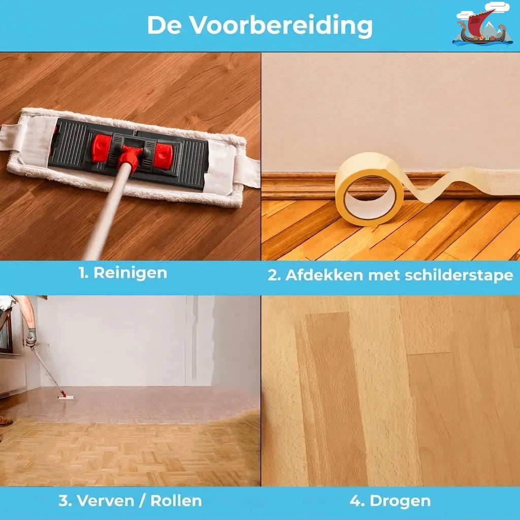 Stappenplan voor het voorbereiden en behandelen van een houten vloer: reinigen, afplakken, lakken en drogen.