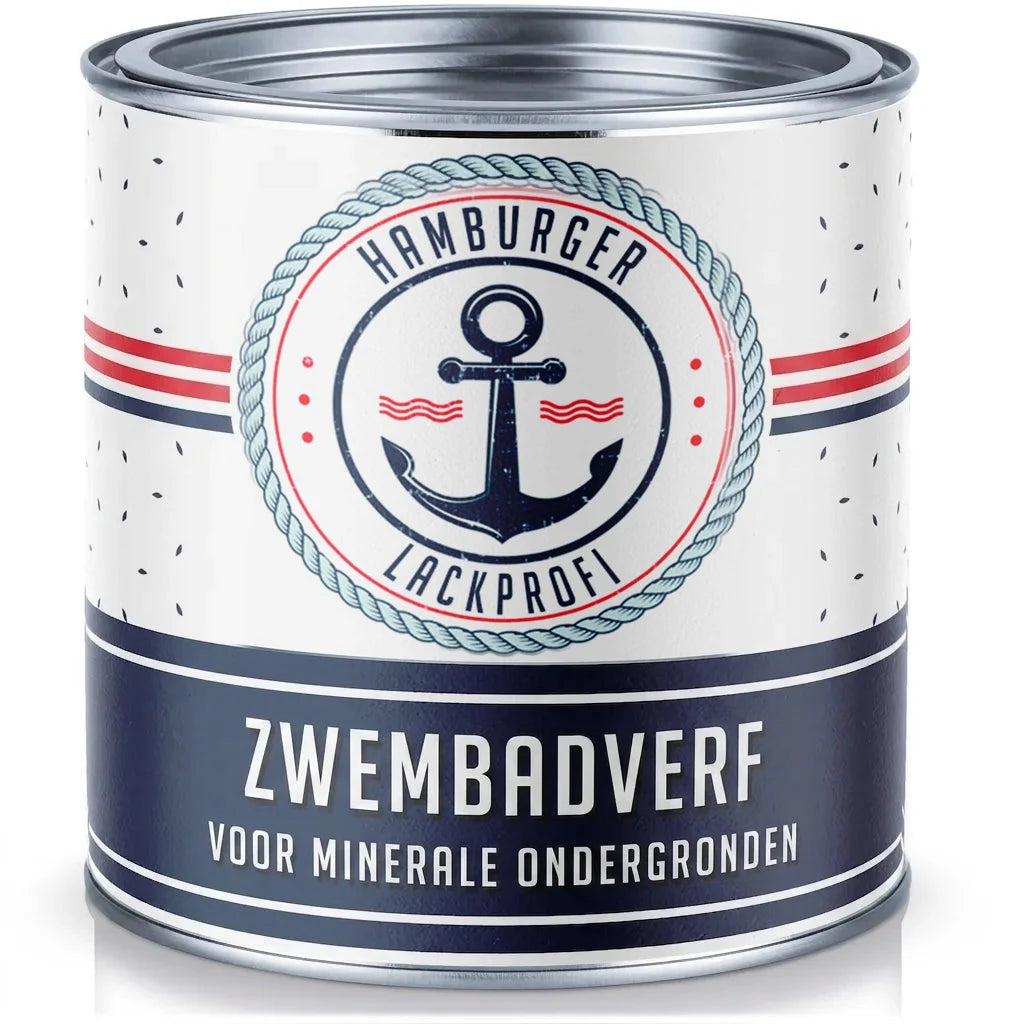 Blauw-wit blik Hamburger Lackprofi zwembadverf met ankerlogo, voor minerale ondergronden.