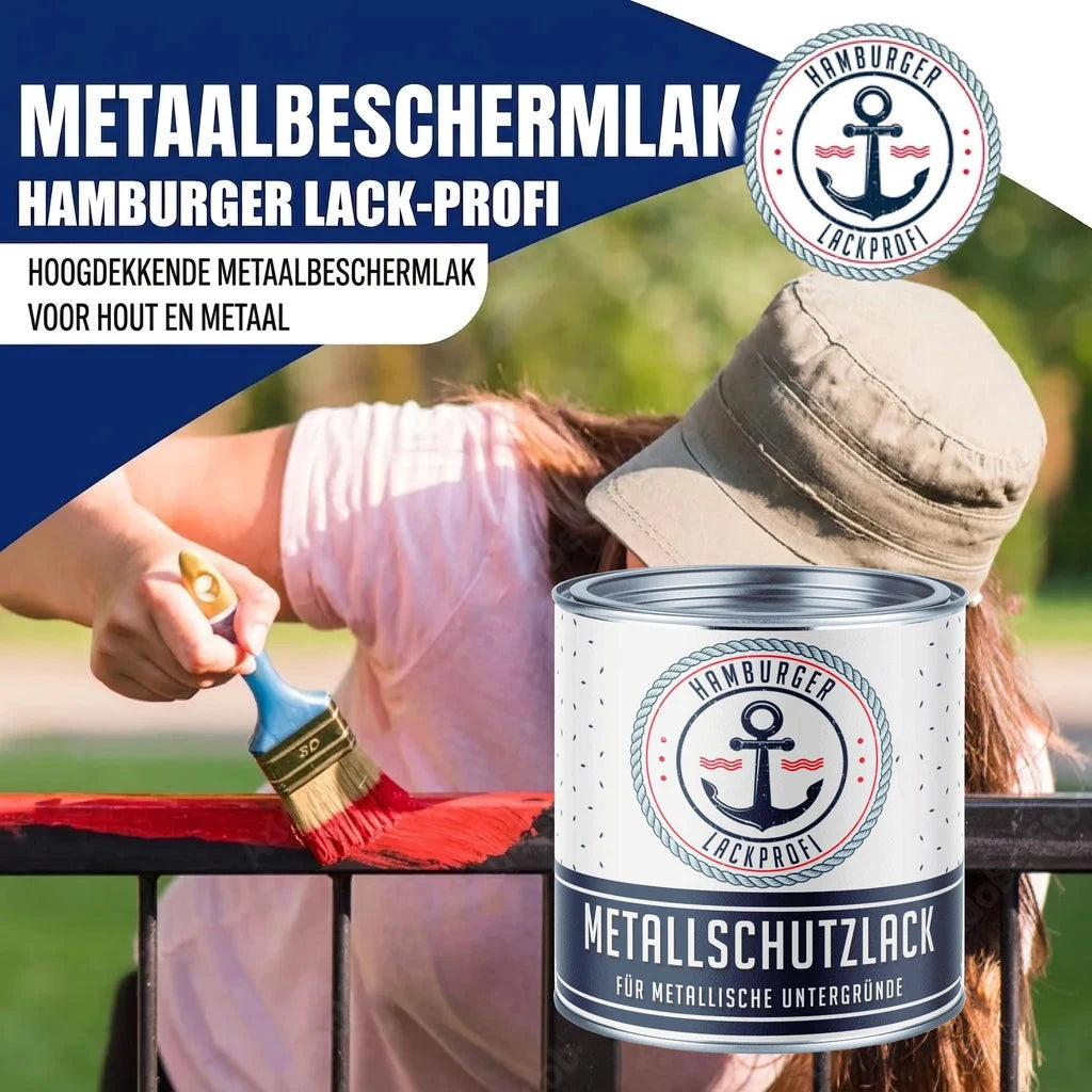 Hamburger Lack-Profi metaalbeschermlak. Vrouw schildert een hek met rode verf. Blik met "METALLSCHUTZLACK".