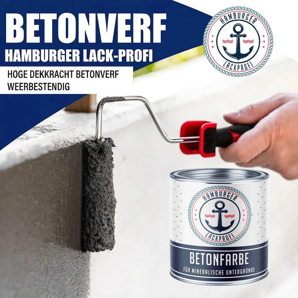 Betonverf van Hamburger Lack-Profi. Hand schildert muur met roller en "BETONFARBE FÜR MINERALISCHE UNTERGRÜNDE" blik.