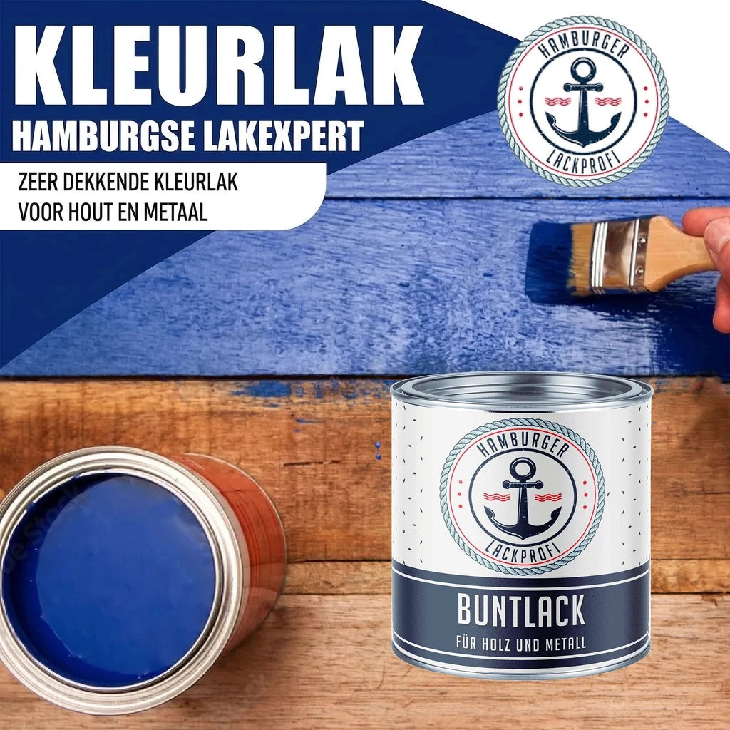 Blauwe verf van Hamburger Lackprofi, met een open blik en een kwast die een houten oppervlak verft. "BUNTLACK FÜR HOLZ UND ME