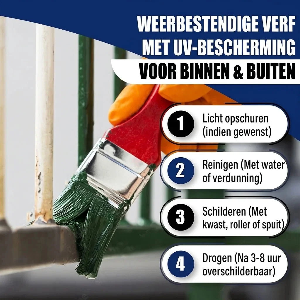 Metaalbeschermlak alles-in-één-set X500, groene verf op een hek met rode kwast en vier stappen