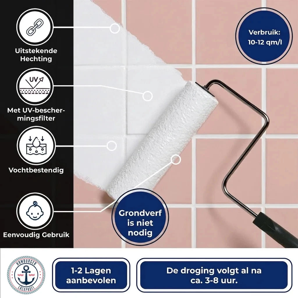 Witte verf op roze tegels, aangebracht met roller. Duitse tekst met info: hechting, UV-bescherming, vochtbestendig, snelle droging.