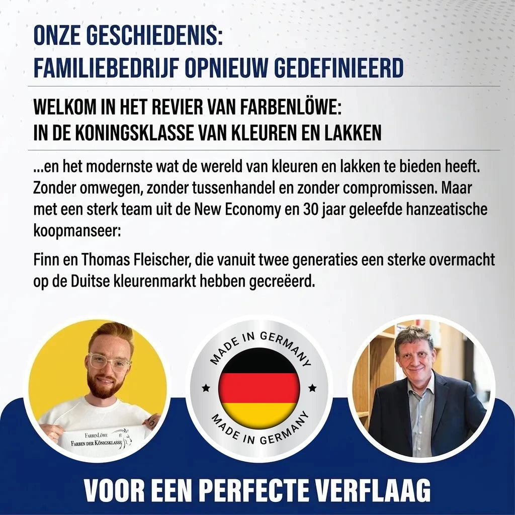 Farbenlöwe: Duits familiebedrijf, Finn en Thomas Fleischer, gespecialiseerd in premium verf en lak. Made in Germany.