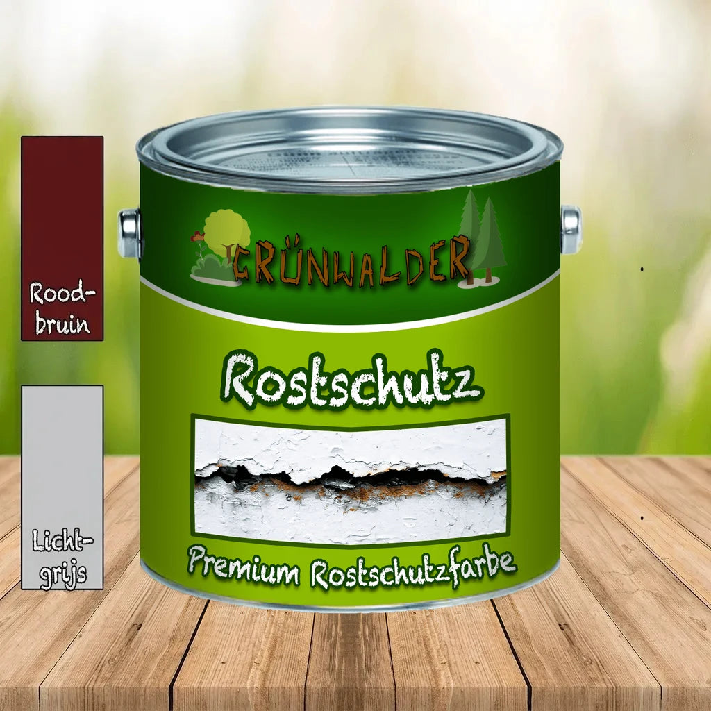 Blik "GRÜNWALDER" "Rostschutz" verf in roodbruin en lichtgrijs, op houten tafel, buiten.