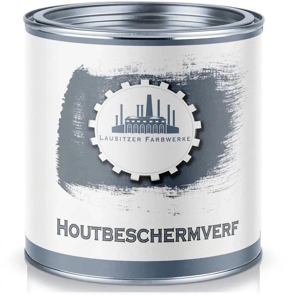 Grijze verfblik met label 'Lausitzer Farbwerke' en 'Houtbeschermingsverf'. Fabriekslogo op etiket.