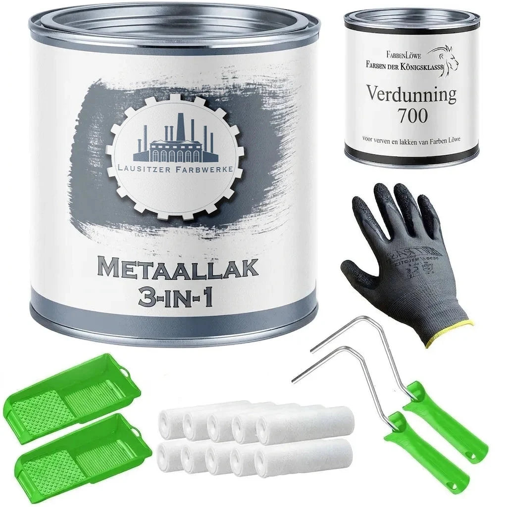 Metaallak 3-in-1, verdunning, verfrollers, verfbakjes en handschoen. Complete set voor metalen oppervlakken.