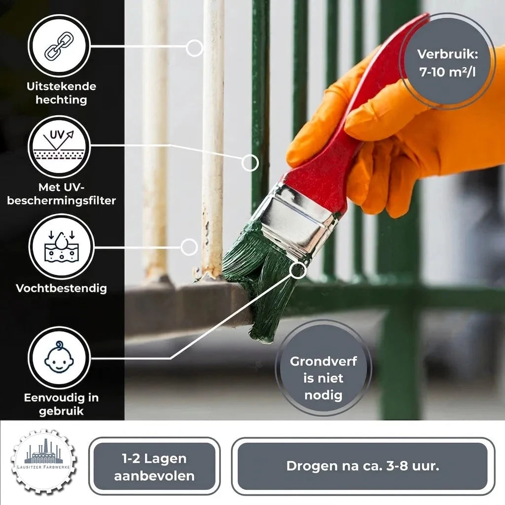 Hand schildert metalen hek groen. Productvoordelen: uitstekende hechting, UV-bescherming, vochtbestendig, geen primer.