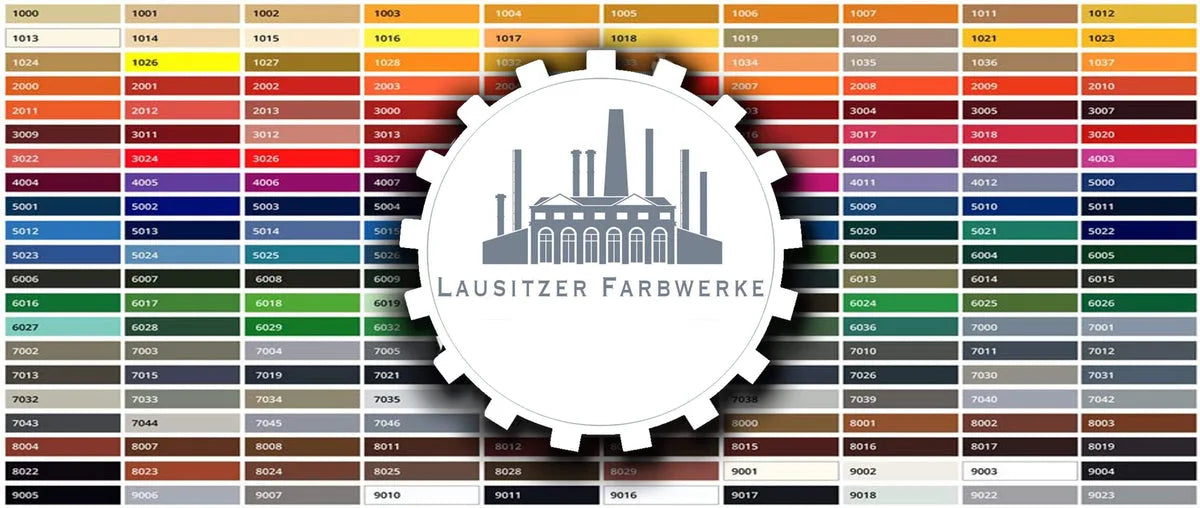 Kleurenkaart met RAL-codes van Lausitzer Farbwerke, met een logo van een fabriek en tandwiel.