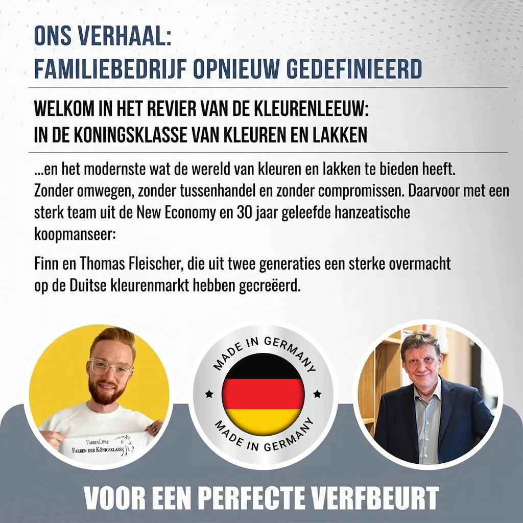 Farbenlöwe familiebedrijf: Duitse verven & lakken van topkwaliteit. Finn & Thomas Fleischer, generaties expertise.