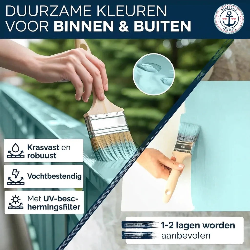 Blauwe, duurzame verf voor binnen & buiten, kras-, vocht- & UV-bestendig. Aanbevolen 1-2 lagen.
