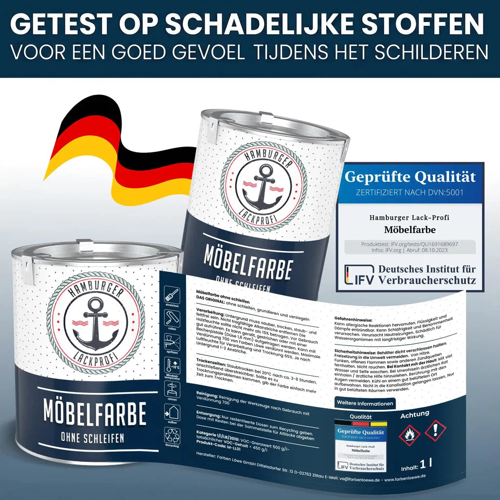 Twee blikken "MÖBELFARBE OHNE SCHLEIFEN" van Hamburger Lack-Profi, met Duitse vlag en kwaliteitskeurmerken.