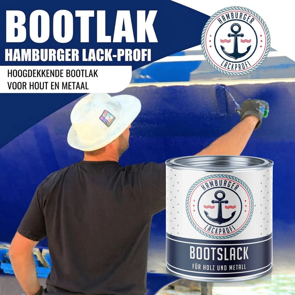 Man schildert boot met "BOOTSLACK" van Hamburger Lack-Profi. Hoogdekkende bootlak voor hout en metaal.