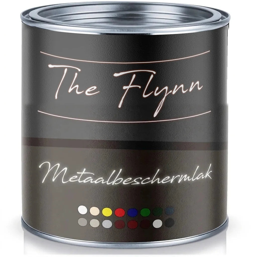 Donkergrijs verfblik The Flynn metaalbeschermingslak met diverse kleuropties.