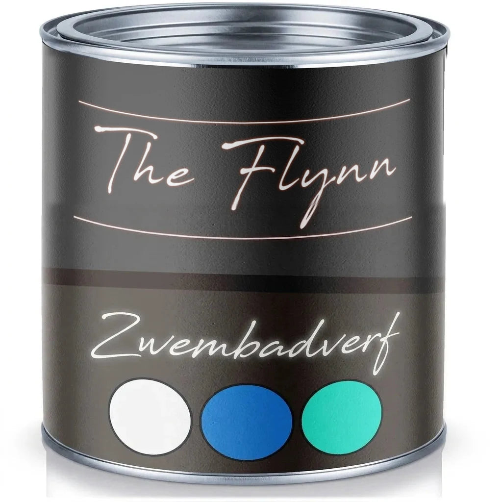 Verfblik 'The Flynn' zwembadverf met voorbeelden van witte, blauwe en turquoise verfkleuren.