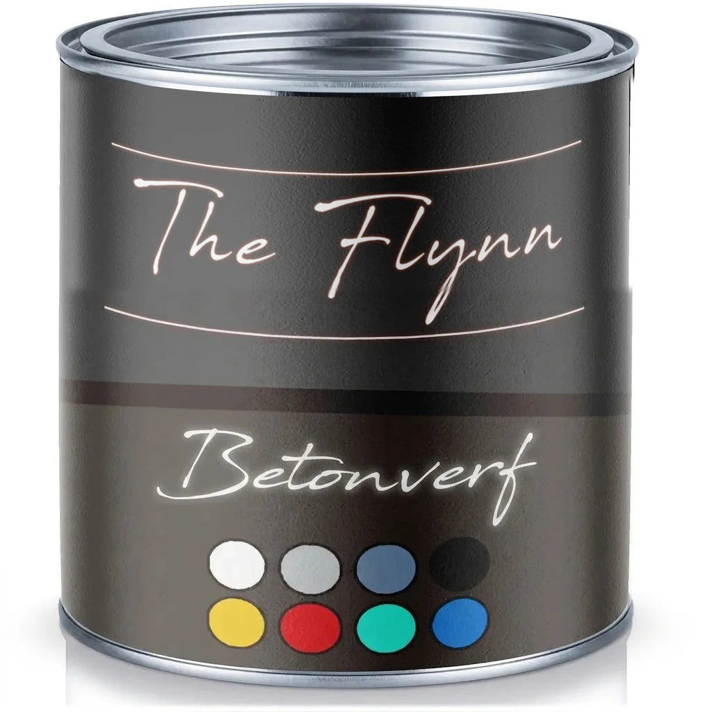 Zwart verfblik met het opschrift 'The Flynn Betonfarbe' en kleurstalen voor betonverf in diverse kleuren.